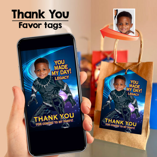 Black Panther thank you with kid as the star, Black Panther favor tags (Printable in 3 sizes). 161TY