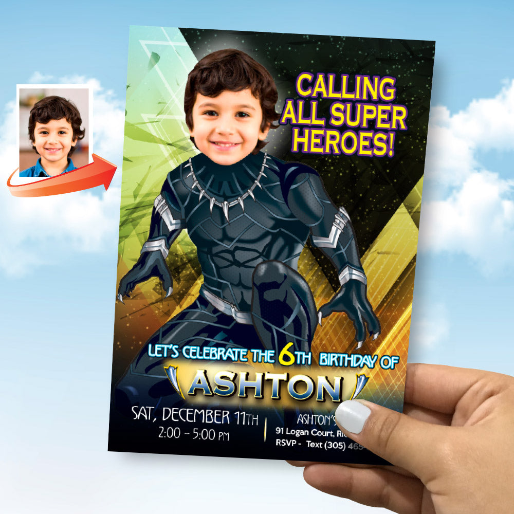 Black Panther Photo Birthday Party template with the kid as the Black Panther. 162IN