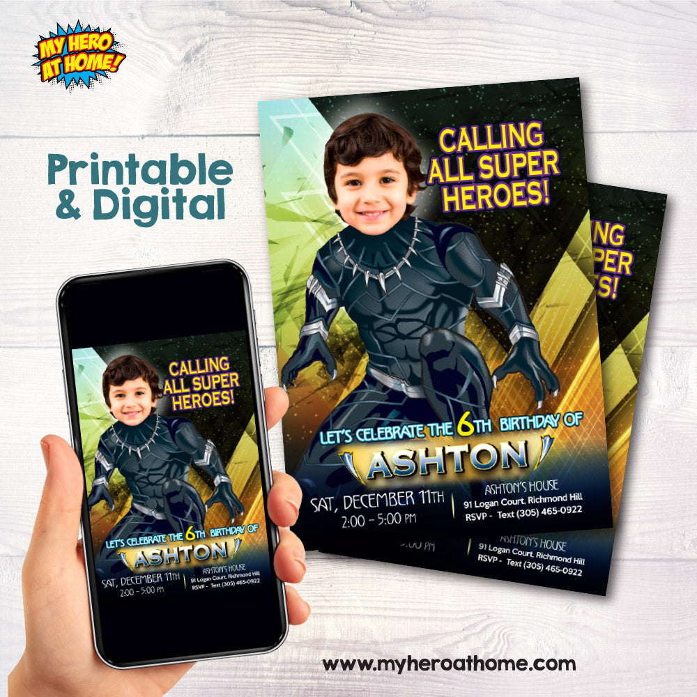 Black Panther Photo Birthday Party template with the kid as the Black Panther. 162IN
