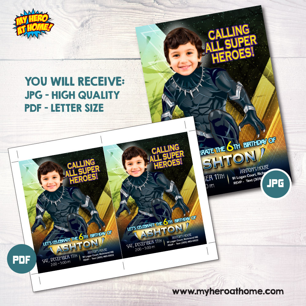Black Panther Photo Birthday Party template with the kid as the Black Panther. 162IN