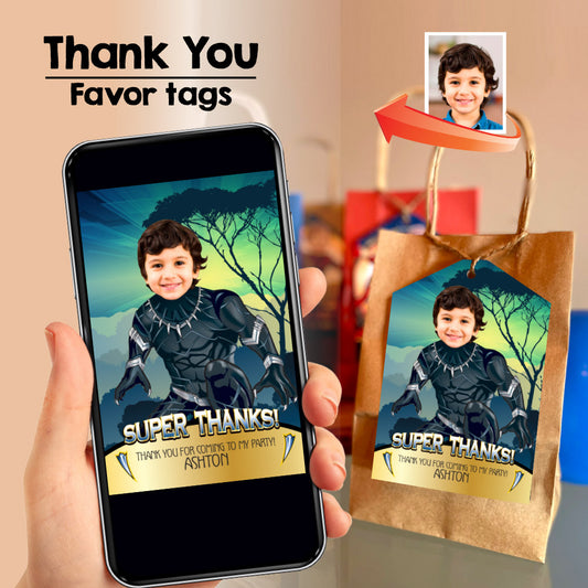 Personalized Black Panther thank you card and party favor tags with child as the star (Printable in 3 sizes). 162TY