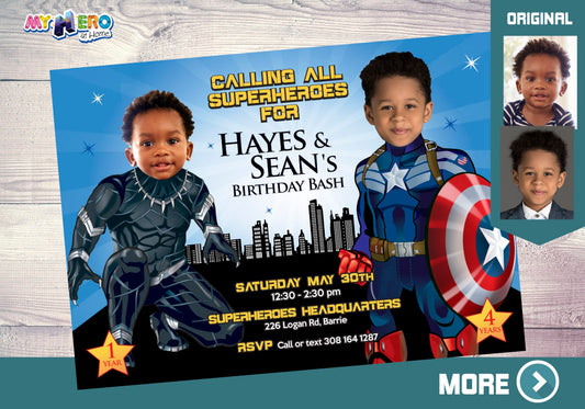 Captain America and Black Panther Invitation Featuring Birthday Kids as Superheroes. 163