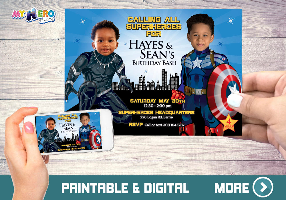 Captain America and Black Panther Invitation Featuring Birthday Kids as Superheroes. 163