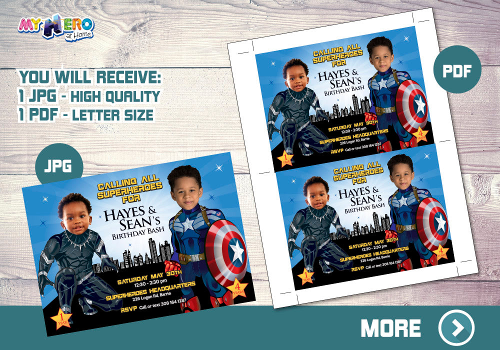 Captain America and Black Panther Invitation Featuring Birthday Kids as Superheroes. 163