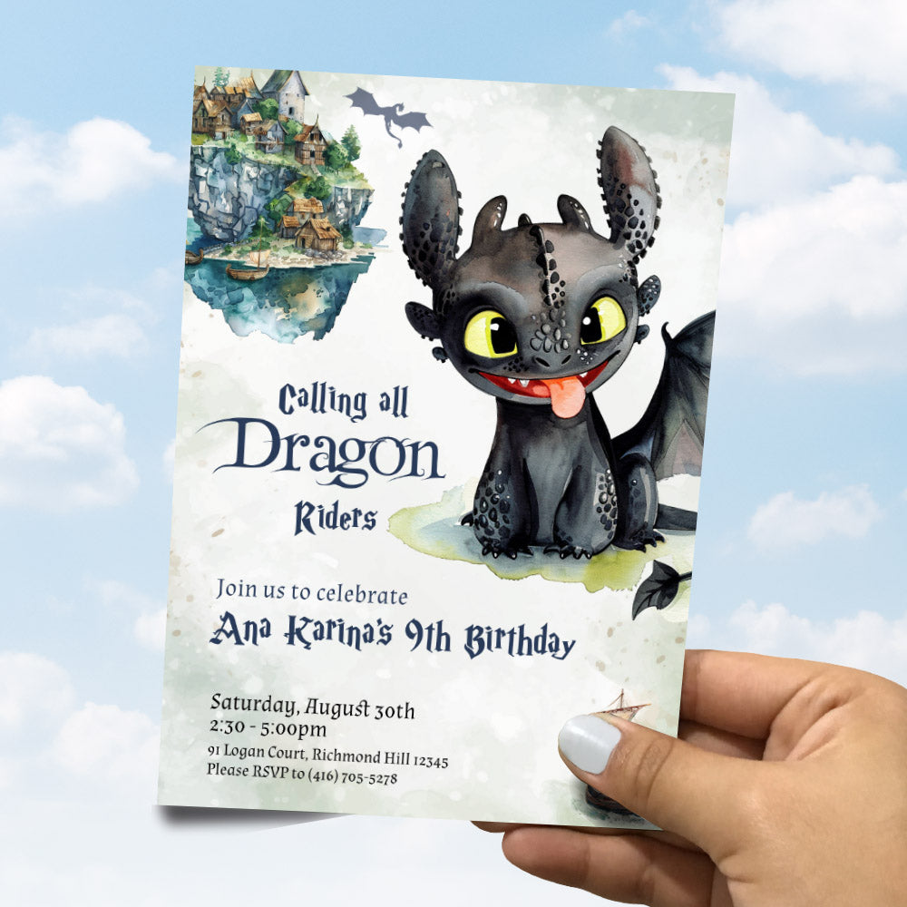 Baby Dragon birthday Invitation, Watercolor Train your Dragon birthday template, Baby Toothless party Invite. 1672IN