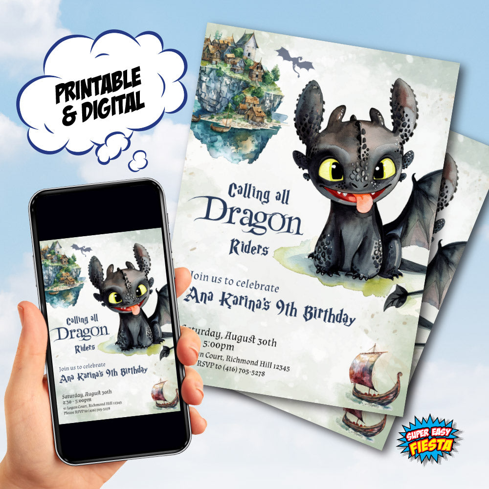 Baby Dragon birthday Invitation, Watercolor Train your Dragon birthday template, Baby Toothless party Invite. 1672IN