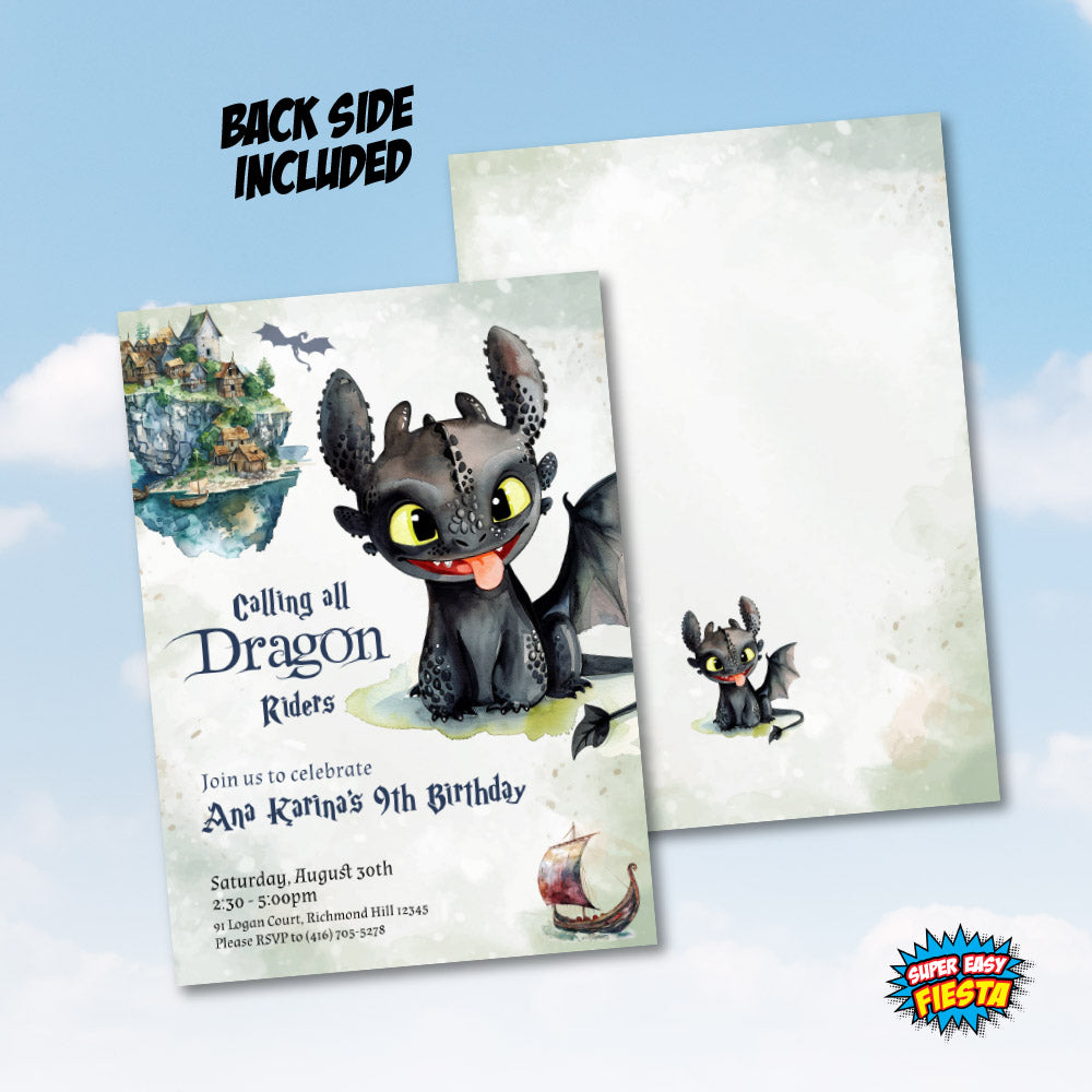 Baby Dragon birthday Invitation, Watercolor Train your Dragon birthday template, Baby Toothless party Invite. 1672IN