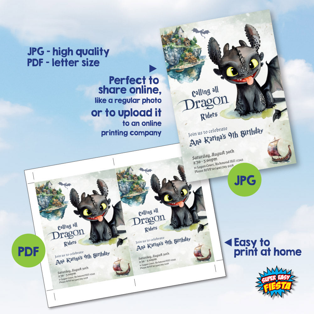 Baby Dragon birthday Invitation, Watercolor Train your Dragon birthday template, Baby Toothless party Invite. 1672IN