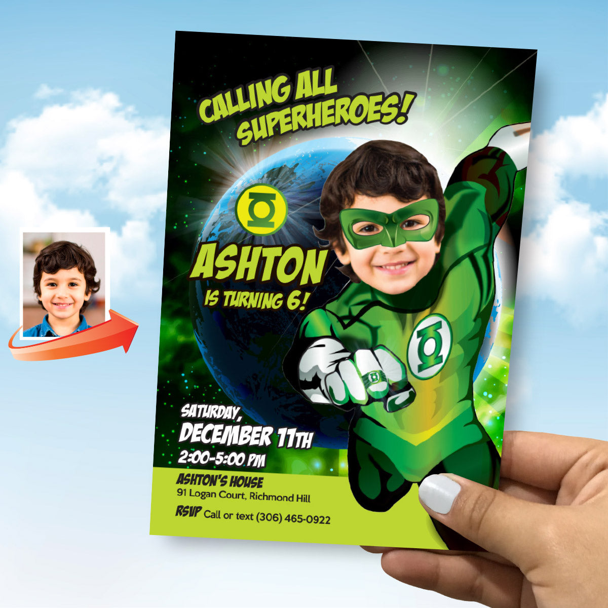 Green Lantern Birthday Invitation with your kid as the star, Green Lantern Photo Invite. 167