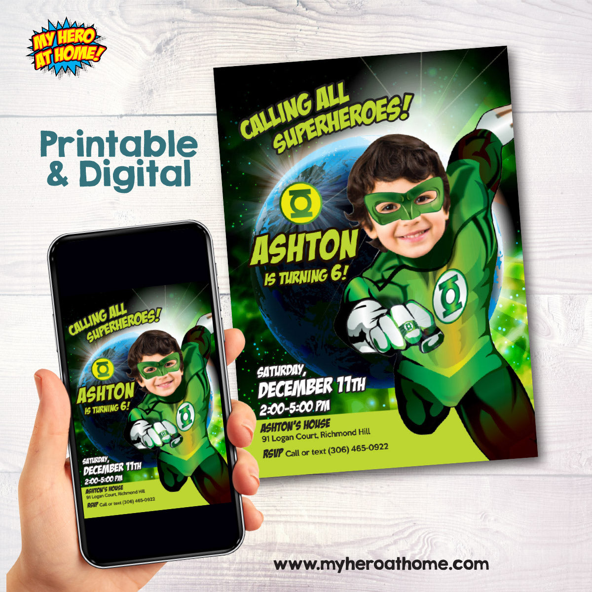 Green Lantern Birthday Invitation with your kid as the star, Green Lantern Photo Invite. 167