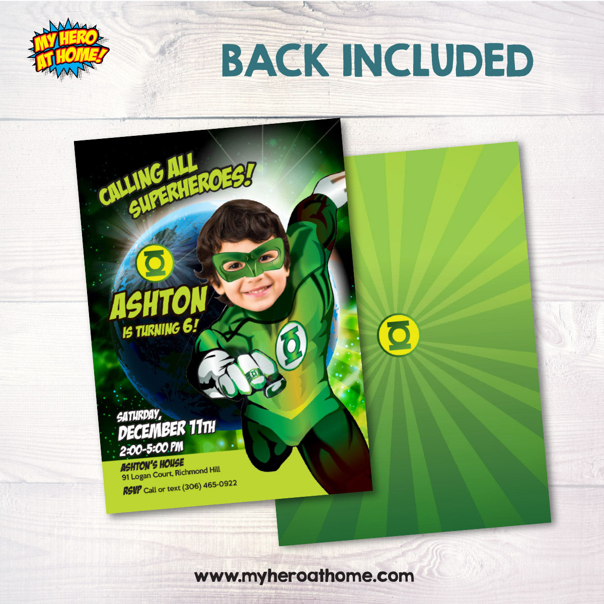 Green Lantern Birthday Invitation with your kid as the star, Green Lantern Photo Invite. 167