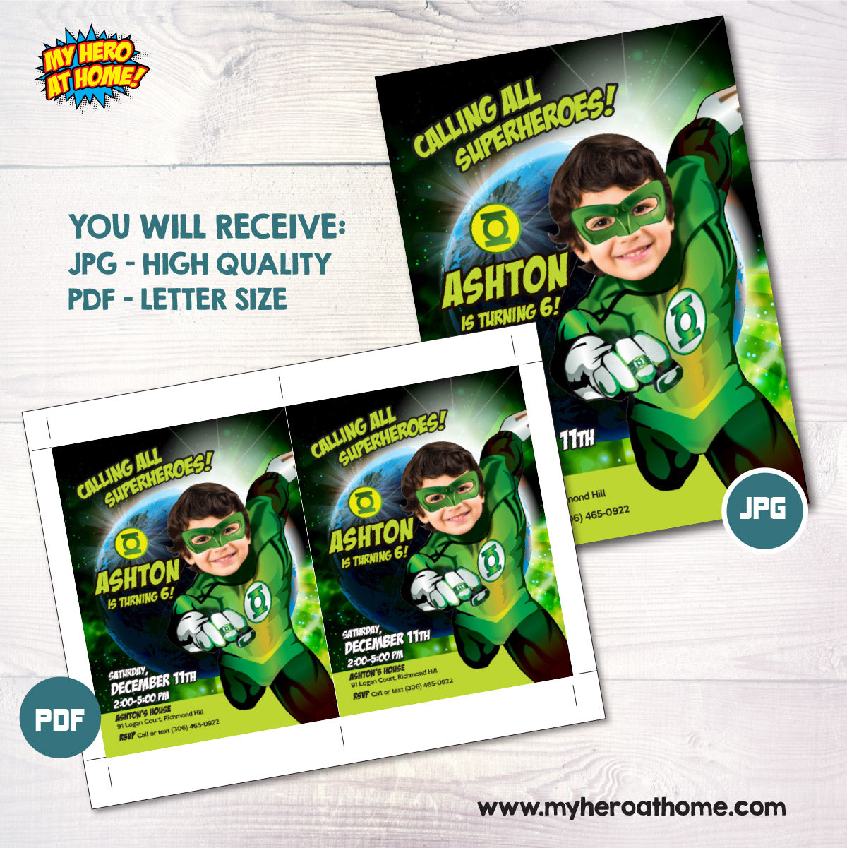 Green Lantern Birthday Invitation with your kid as the star, Green Lantern Photo Invite. 167
