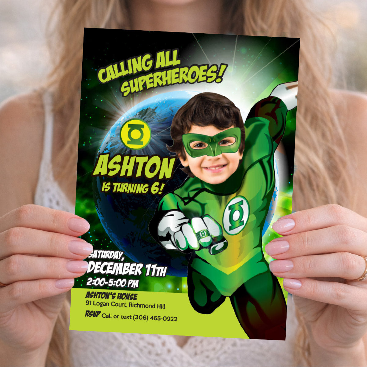 Green Lantern Birthday Invitation with your kid as the star, Green Lantern Photo Invite. 167