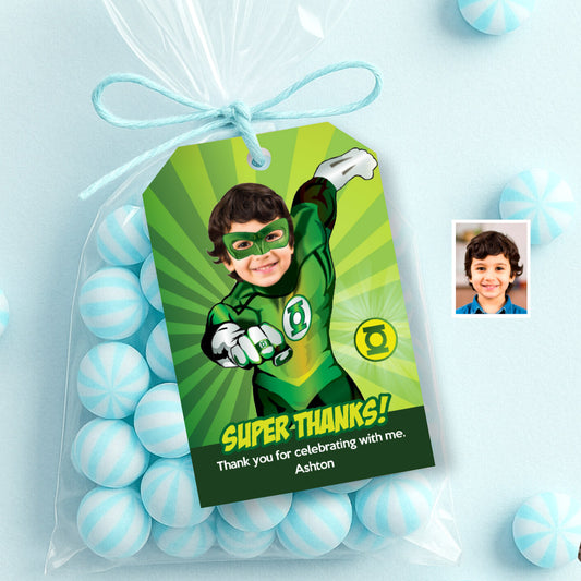 Personalized Green Lantern Thank You Favor Tags with Child as the Lantern. 167TY