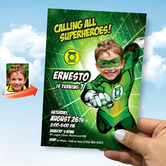 Green Lantern Birthday Invitation Personalized with Child Photo | Kid as Green Lantern. 168