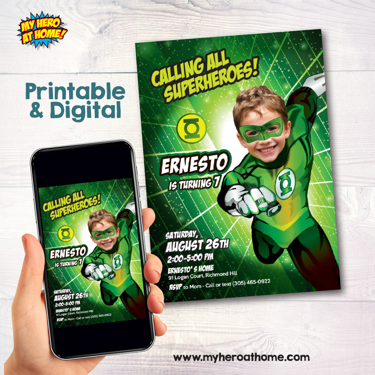 Green Lantern Birthday Invitation Personalized with Child Photo | Kid as Green Lantern. 168