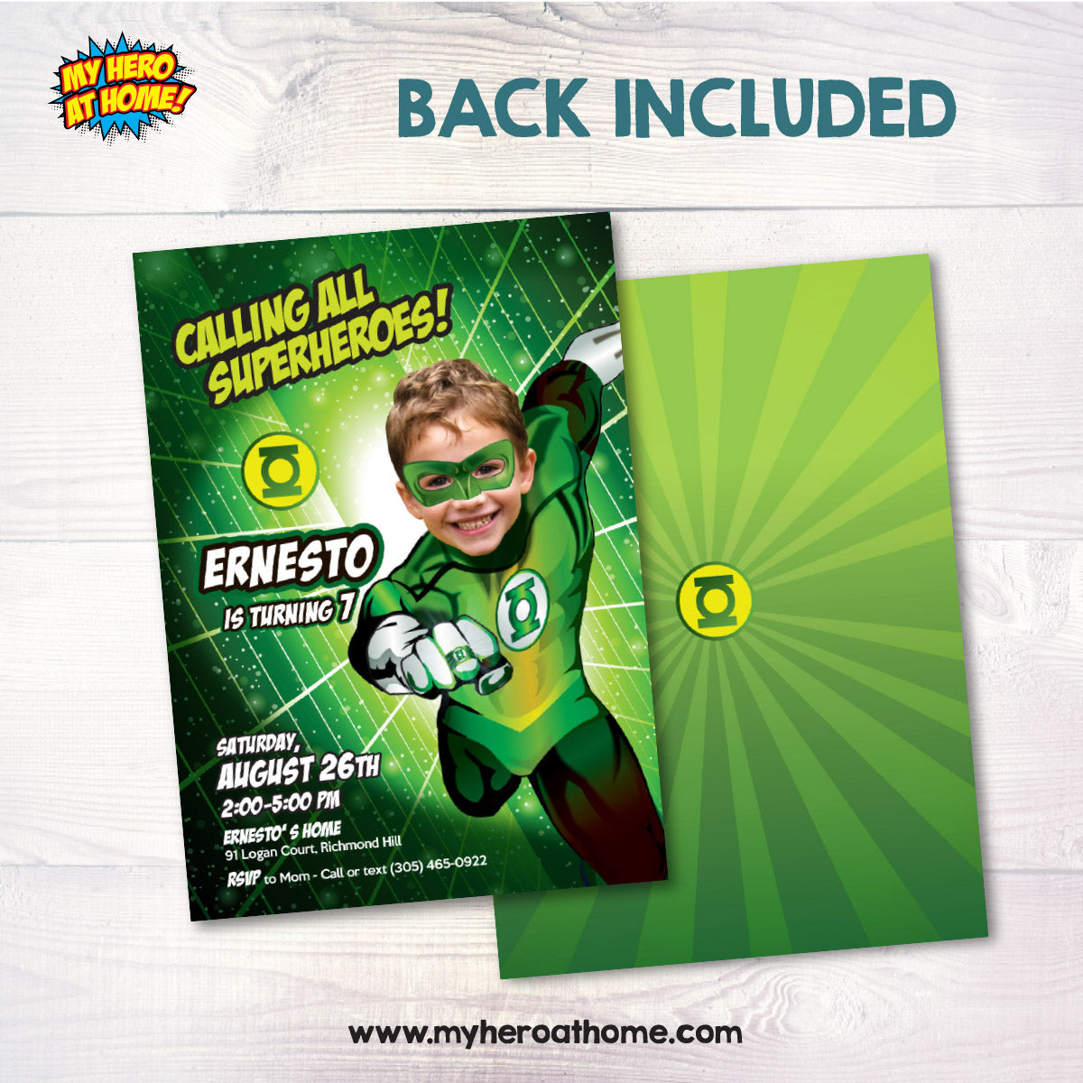 Green Lantern Birthday Invitation Personalized with Child Photo | Kid as Green Lantern. 168
