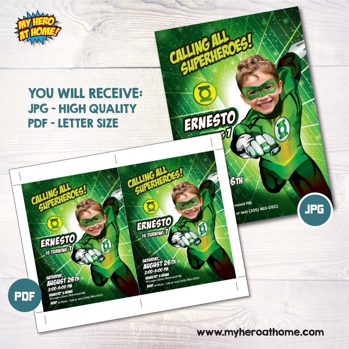 Green Lantern Birthday Invitation Personalized with Child Photo | Kid as Green Lantern. 168