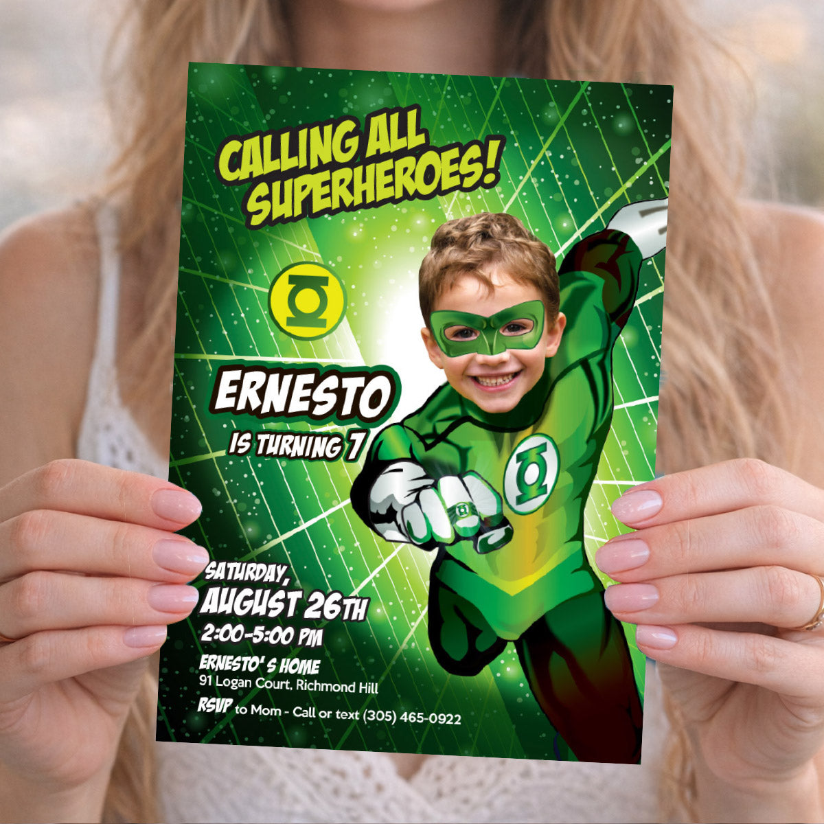 Green Lantern Birthday Invitation Personalized with Child Photo | Kid as Green Lantern. 168
