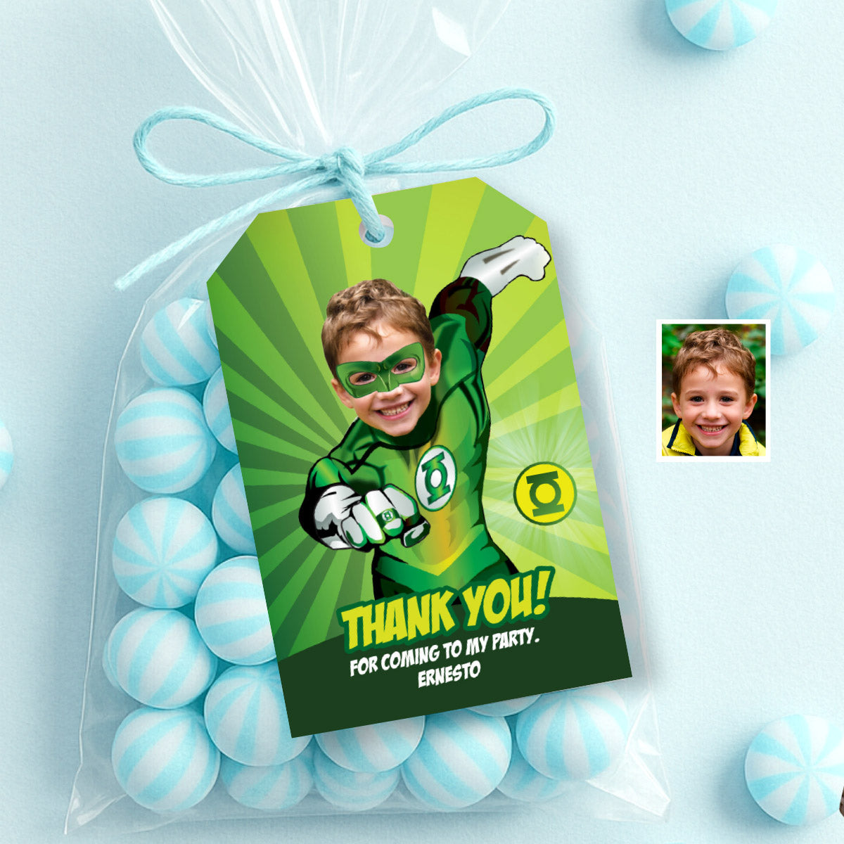 Green Lantern Birthday Favor Tag with Photo | Personalized Superhero Thank You Card. 168TY