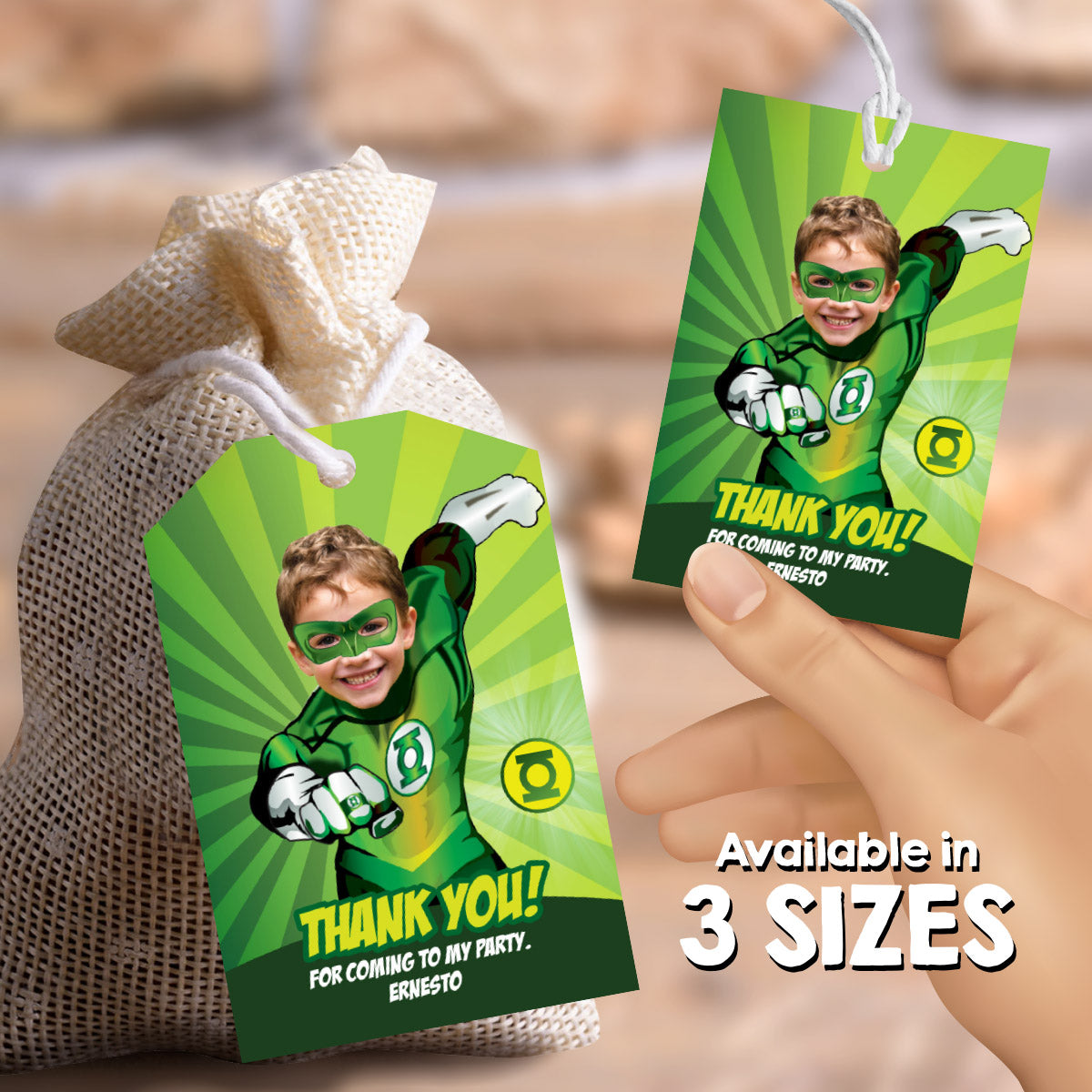 Green Lantern Birthday Favor Tag with Photo | Personalized Superhero Thank You Card. 168TY