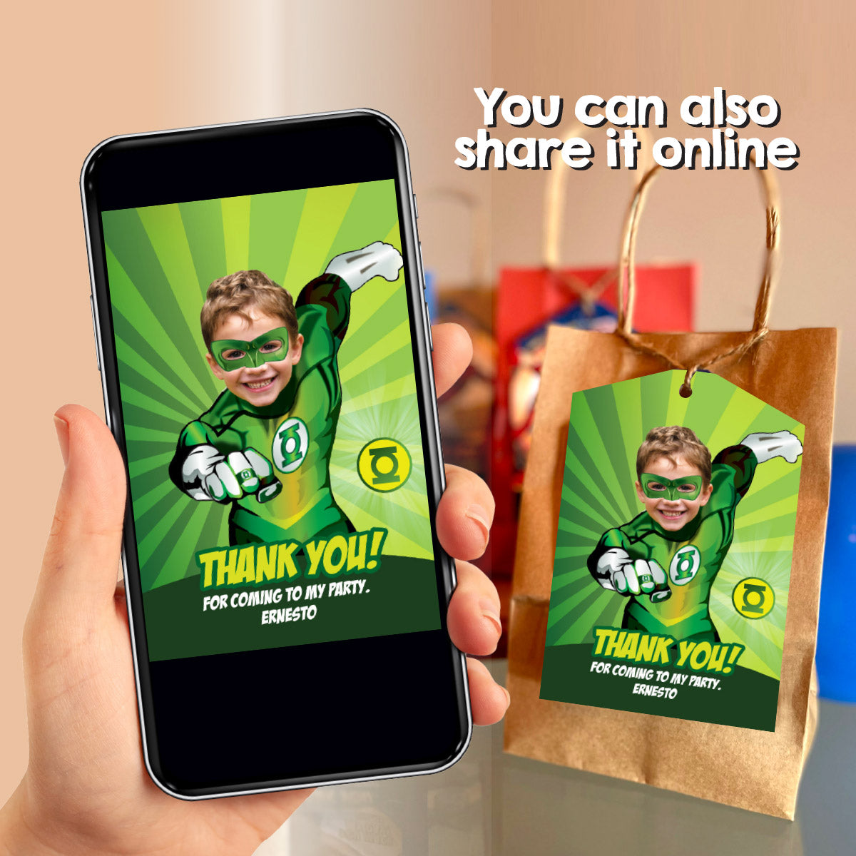 Green Lantern Birthday Favor Tag with Photo | Personalized Superhero Thank You Card. 168TY