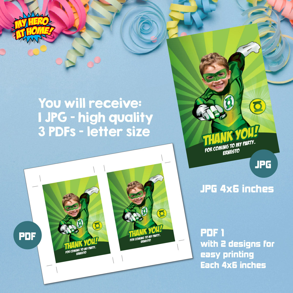 Green Lantern Birthday Favor Tag with Photo | Personalized Superhero Thank You Card. 168TY