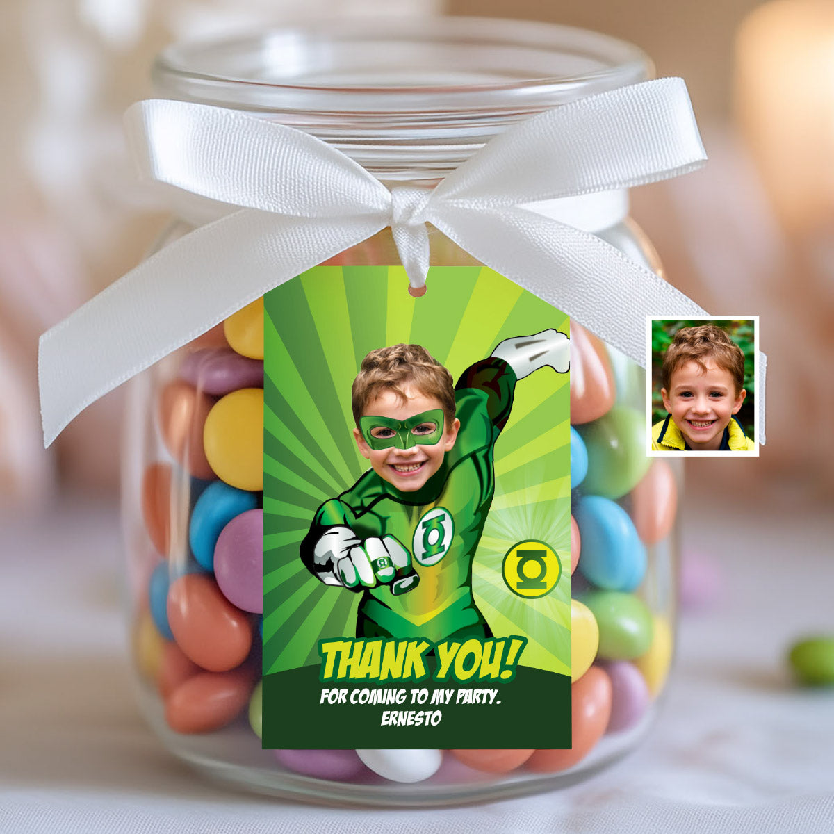 Green Lantern Birthday Favor Tag with Photo | Personalized Superhero Thank You Card. 168TY