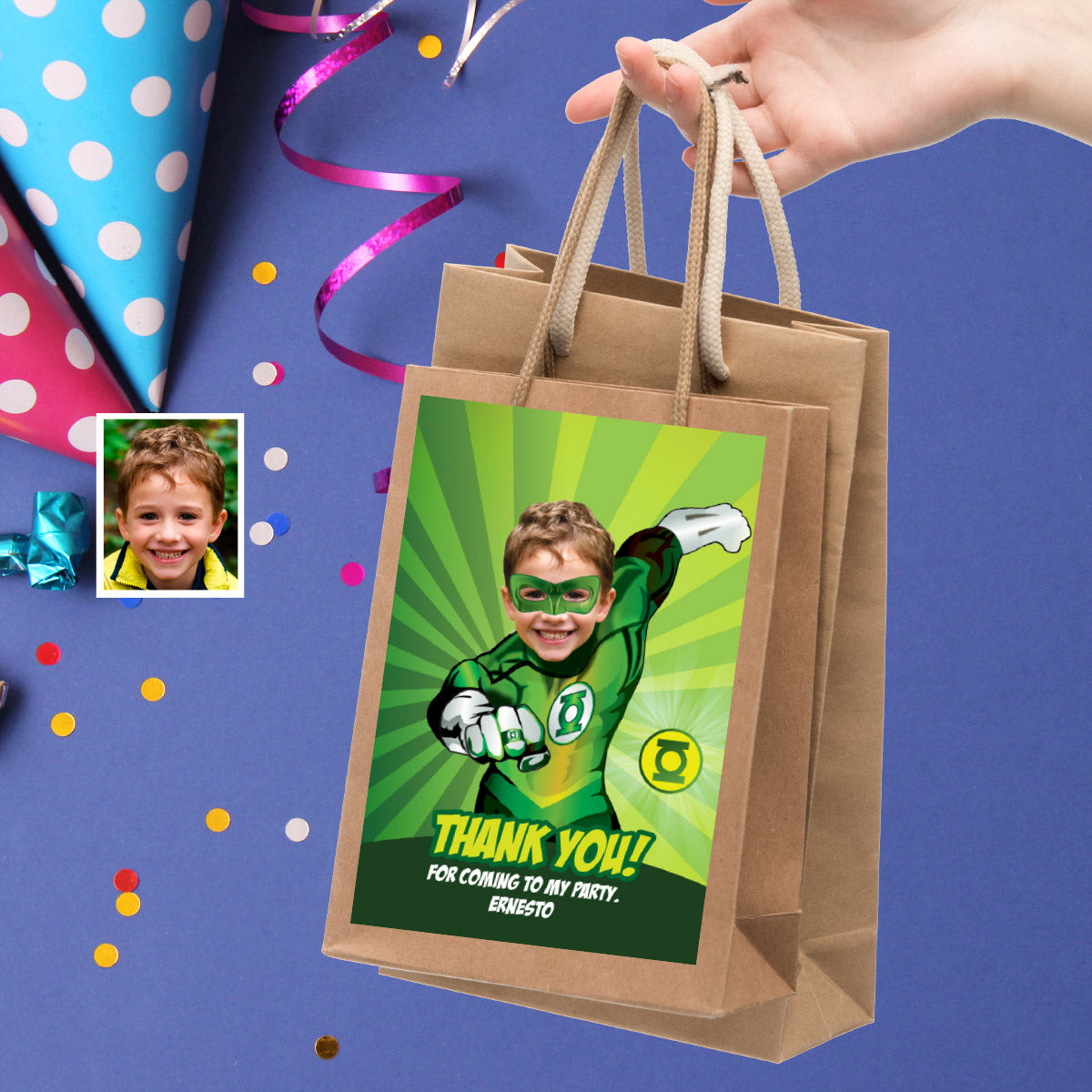 Green Lantern Birthday Favor Tag with Photo | Personalized Superhero Thank You Card. 168TY