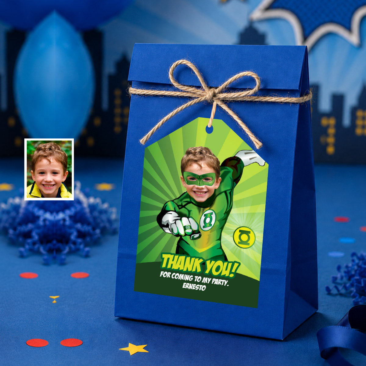Green Lantern Birthday Favor Tag with Photo | Personalized Superhero Thank You Card. 168TY