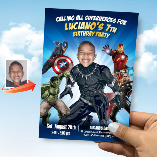 Calling All Superheroes Party Invitation with Birthday Kid as the Black Panther. 170BIN