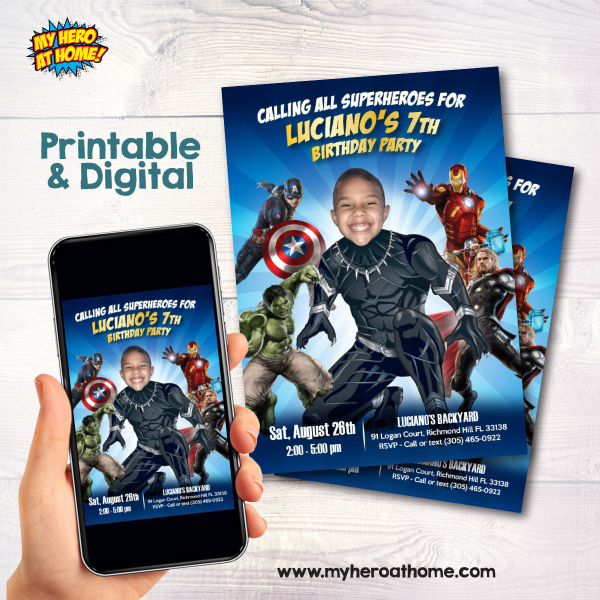 Calling All Superheroes Party Invitation with Birthday Kid as the Black Panther. 170BIN
