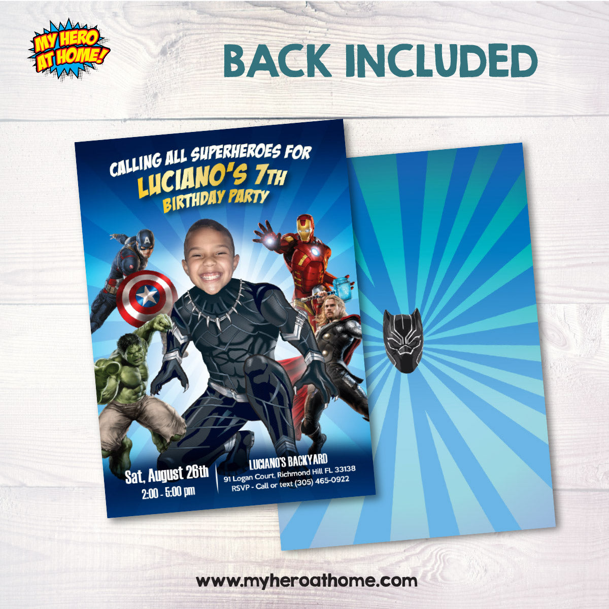 Calling All Superheroes Party Invitation with Birthday Kid as the Black Panther. 170BIN