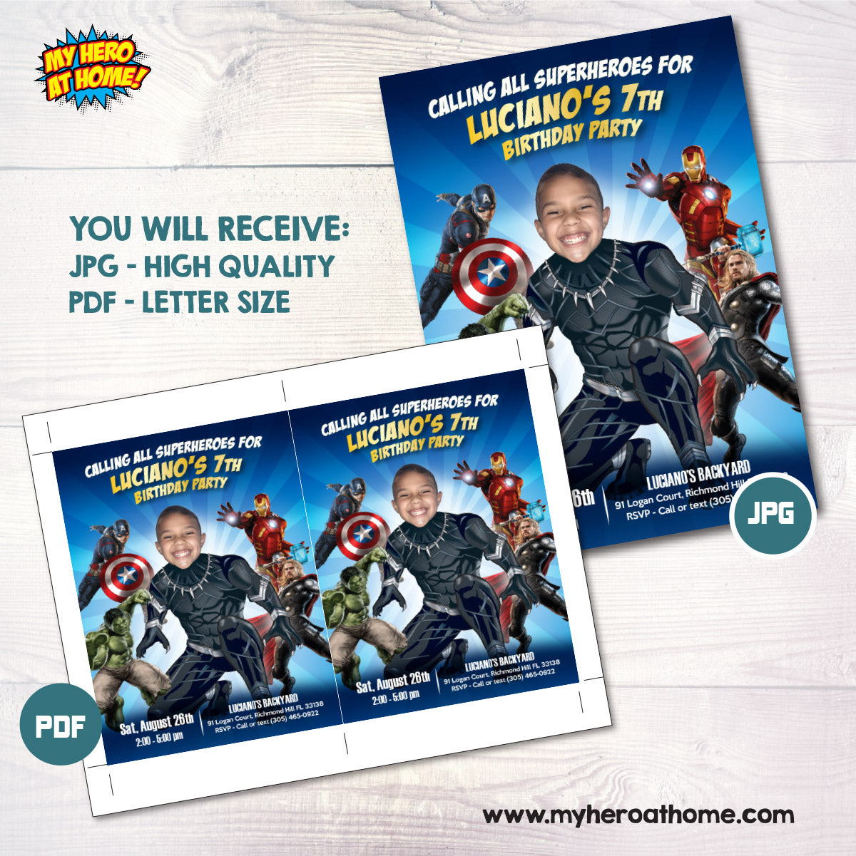 Calling All Superheroes Party Invitation with Birthday Kid as the Black Panther. 170BIN