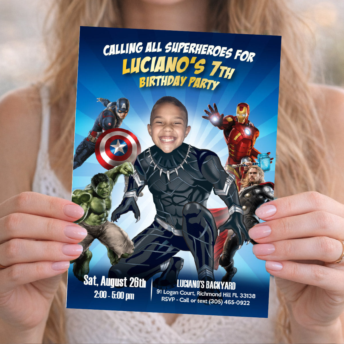 Calling All Superheroes Party Invitation with Birthday Kid as the Black Panther. 170BIN