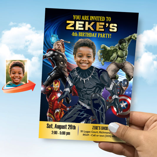 Black Panther and Avengers Birthday Invitation with kid as the Black Panther. 170IN