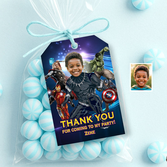 Avengers Black Panther Favor Tags and Thank You note with Kid as the Star. 170TY