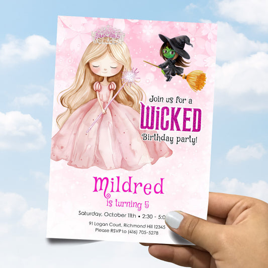 Glinda Birthday Invitation Watercolor, Good Witch Pink Princess Party, Wicked Oz Theme template. 1743IN