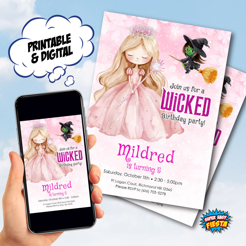Glinda Birthday Invitation Watercolor, Good Witch Pink Princess Party, Wicked Oz Theme template. 1743IN