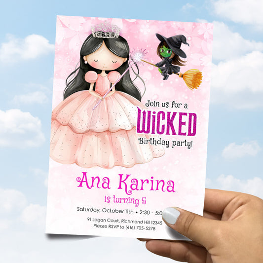 Brunette Glinda Birthday Invitation Watercolor, Good Witch Dark Hair Glinda Party, Wicked Oz Theme party. 1746IN