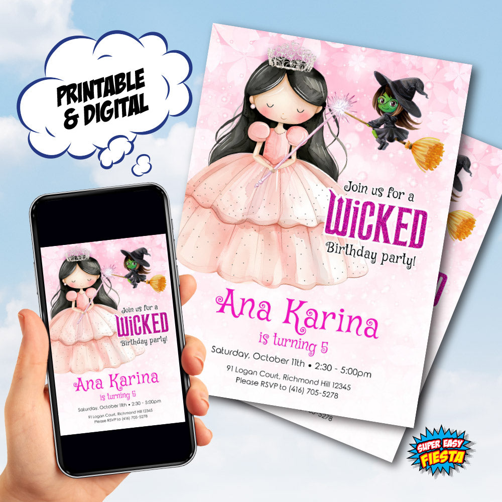 Brunette Glinda Birthday Invitation Watercolor, Good Witch Dark Hair Glinda Party, Wicked Oz Theme party. 1746IN