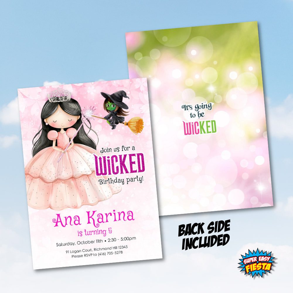 Brunette Glinda Birthday Invitation Watercolor, Good Witch Dark Hair Glinda Party, Wicked Oz Theme party. 1746IN