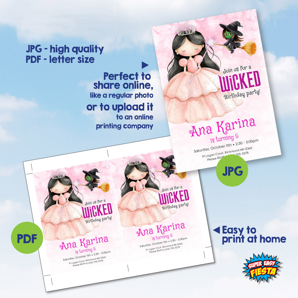 Brunette Glinda Birthday Invitation Watercolor, Good Witch Dark Hair Glinda Party, Wicked Oz Theme party. 1746IN