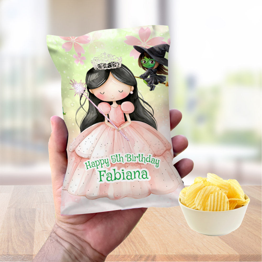 Wicked Brunette Princess Party Chip Bag Wrappers, Glinda Dark Hair snacks labels. 1747CB