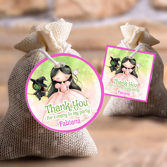 Watercolor Wicked Brunette Glinda Party Favor Tags, Dark Hair princess tags (Round and Square). 1747FT