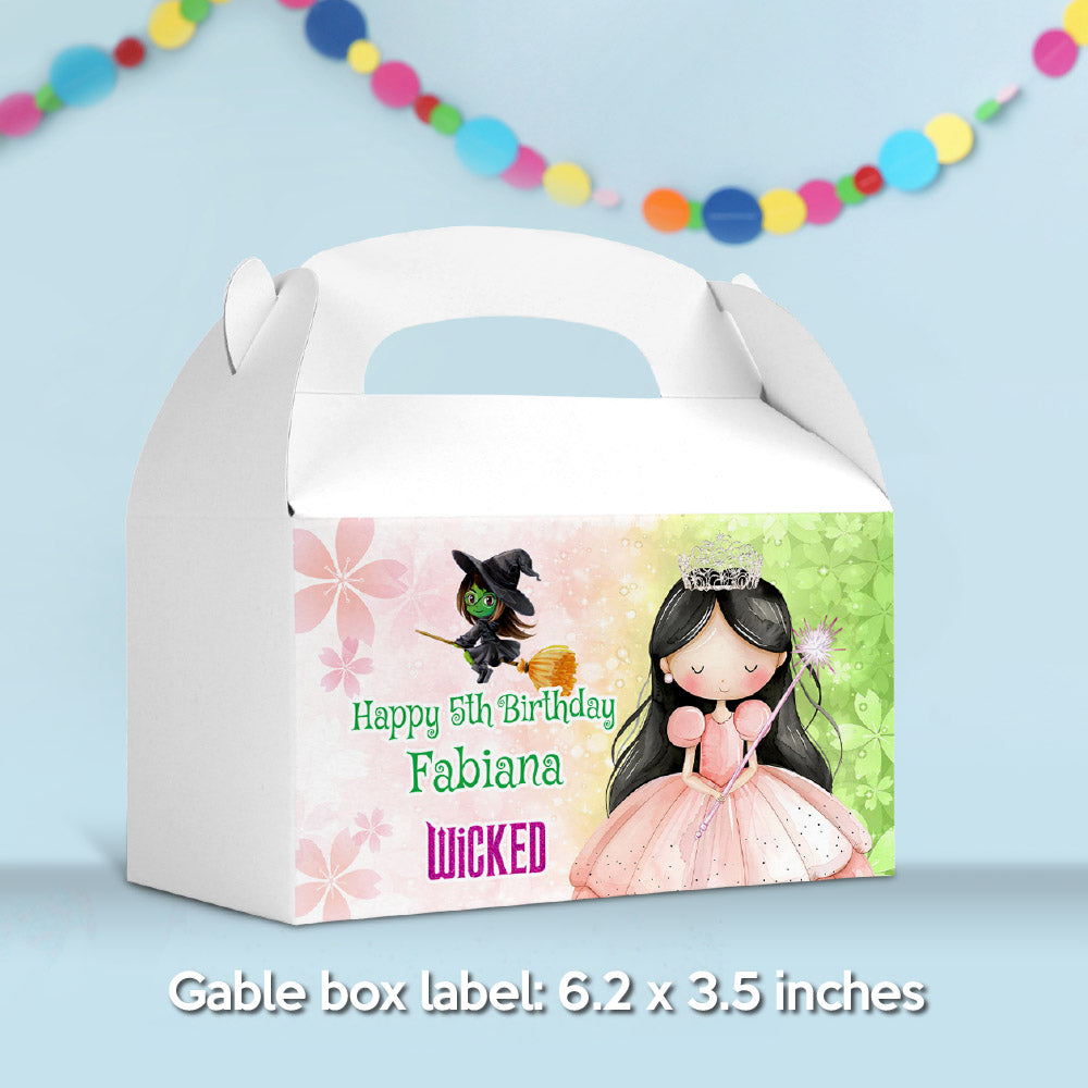 Wicked Brunette Princess Candy Box, Watercolor Dark Hair Glinda Gable Box Party Favors labels. 1747GB