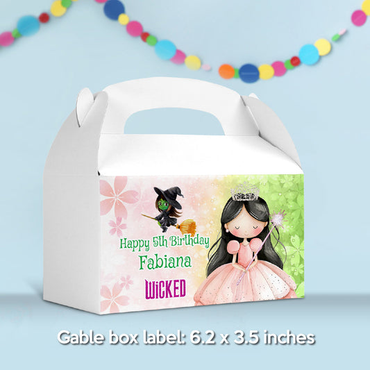 Wicked Brunette Princess Candy Box, Watercolor Dark Hair Glinda Gable Box Party Favors labels. 1747GB