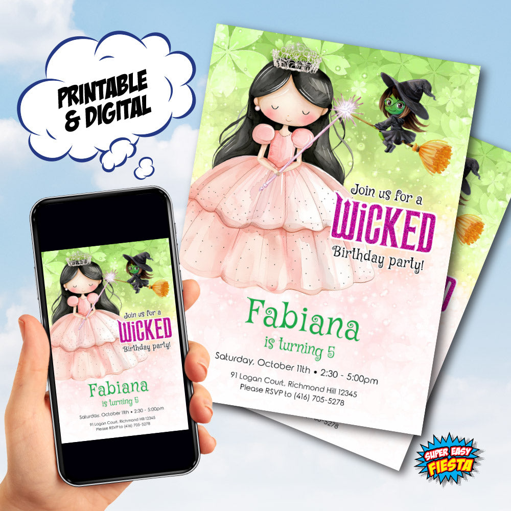 Wicked Brunette Good Witch Birthday Invitation, Dark Hair Glinda party invitation 1747IN