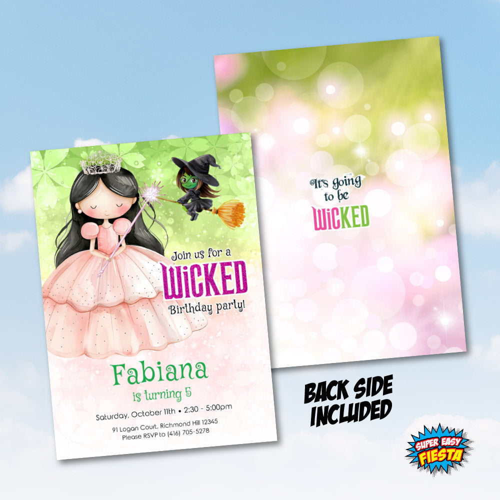 Wicked Brunette Good Witch Birthday Invitation, Dark Hair Glinda party invitation 1747IN