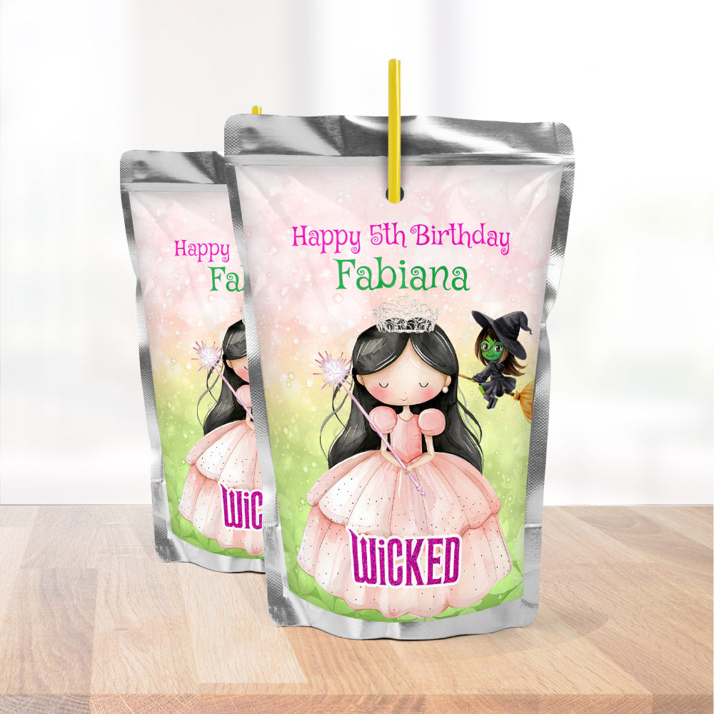 Wicked Black Hair Pink Princess Birthday Water Juice Labels, Brunette Glinda Capri. 1747WJC